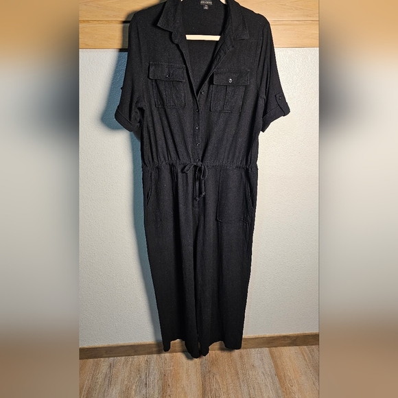 Coco + Carmen Linen Viscose Black Jumpsuit, Short Sleeves Buttons Drawstring - Picture 7 of 11